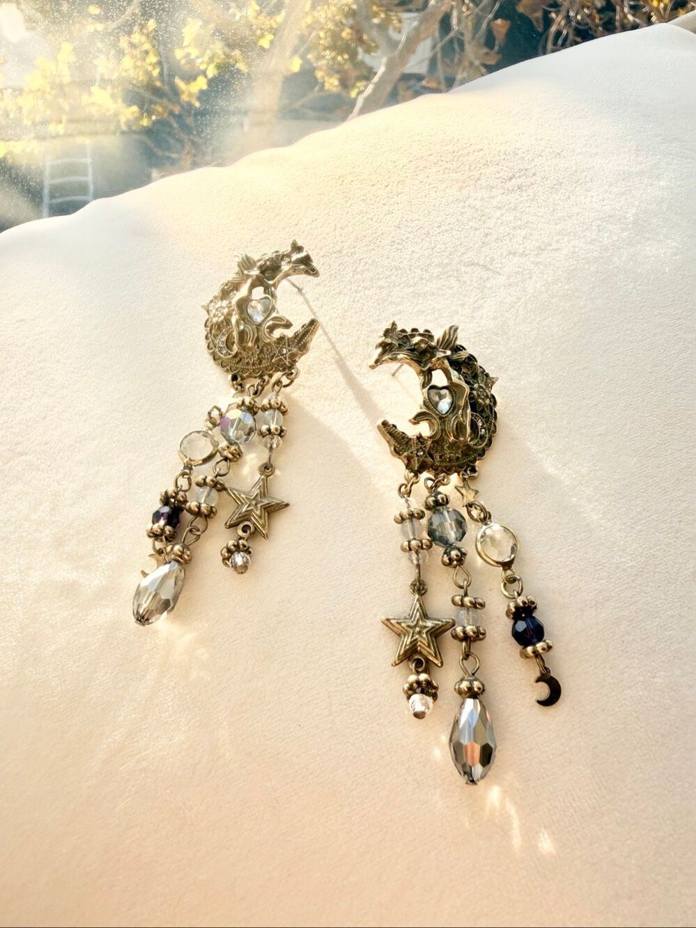 Celestial Fairy Crescent Moon Star Crystal Dangle Statement Earrings